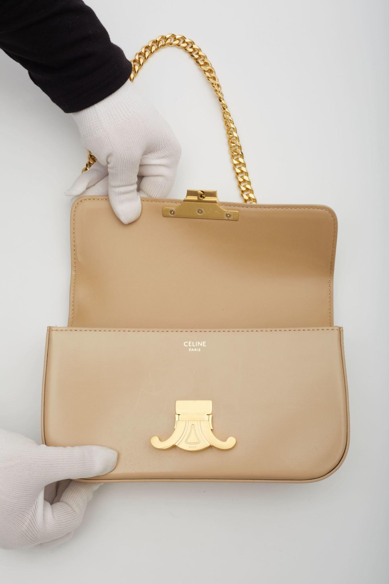 Celine Beige Calfskin Chain Triomphe Shoulder Bag For Sale 4