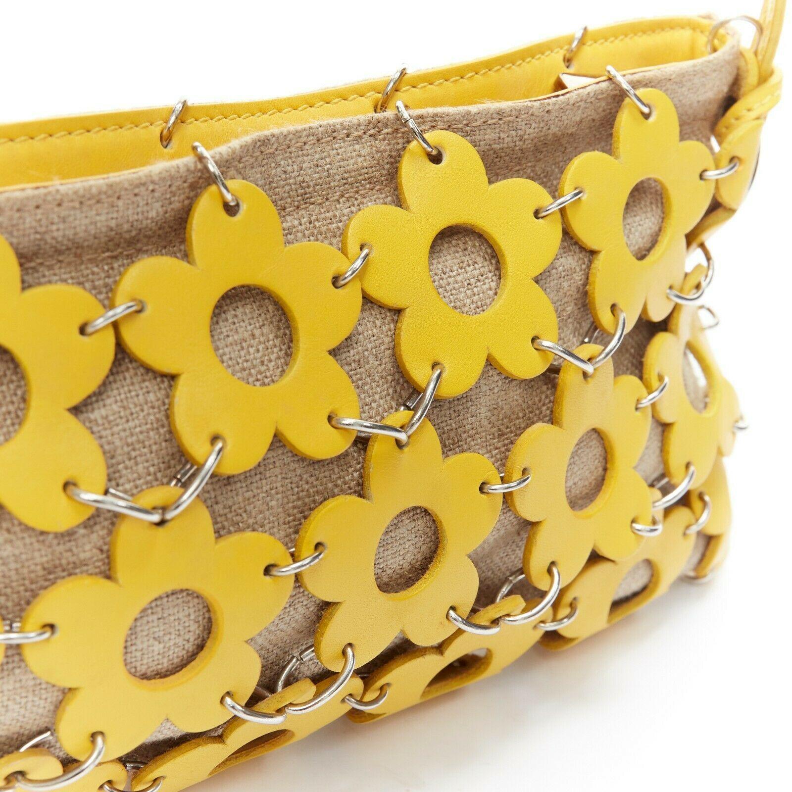 CELINE beige canvas yellow leather flower cut-outs chained straps pouch clutch In Excellent Condition In Hong Kong, NT