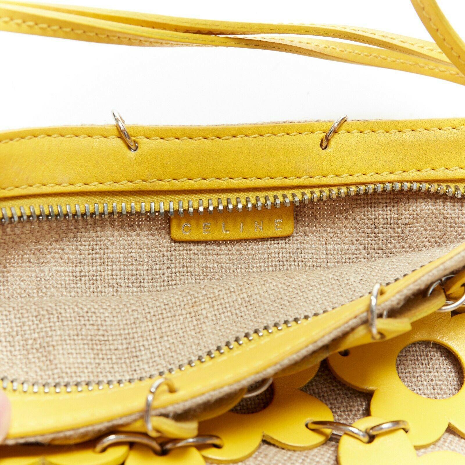 CELINE beige canvas yellow leather flower cut-outs chained straps pouch clutch 1