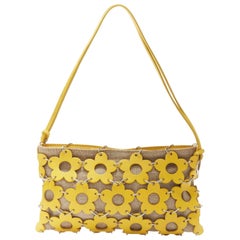 CELINE beige canvas yellow leather flower cut-outs chained straps pouch clutch