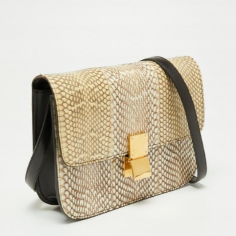 Celine Beige/Cream Watersnake Medium Classic Box Shoulder Bag For Sale 2