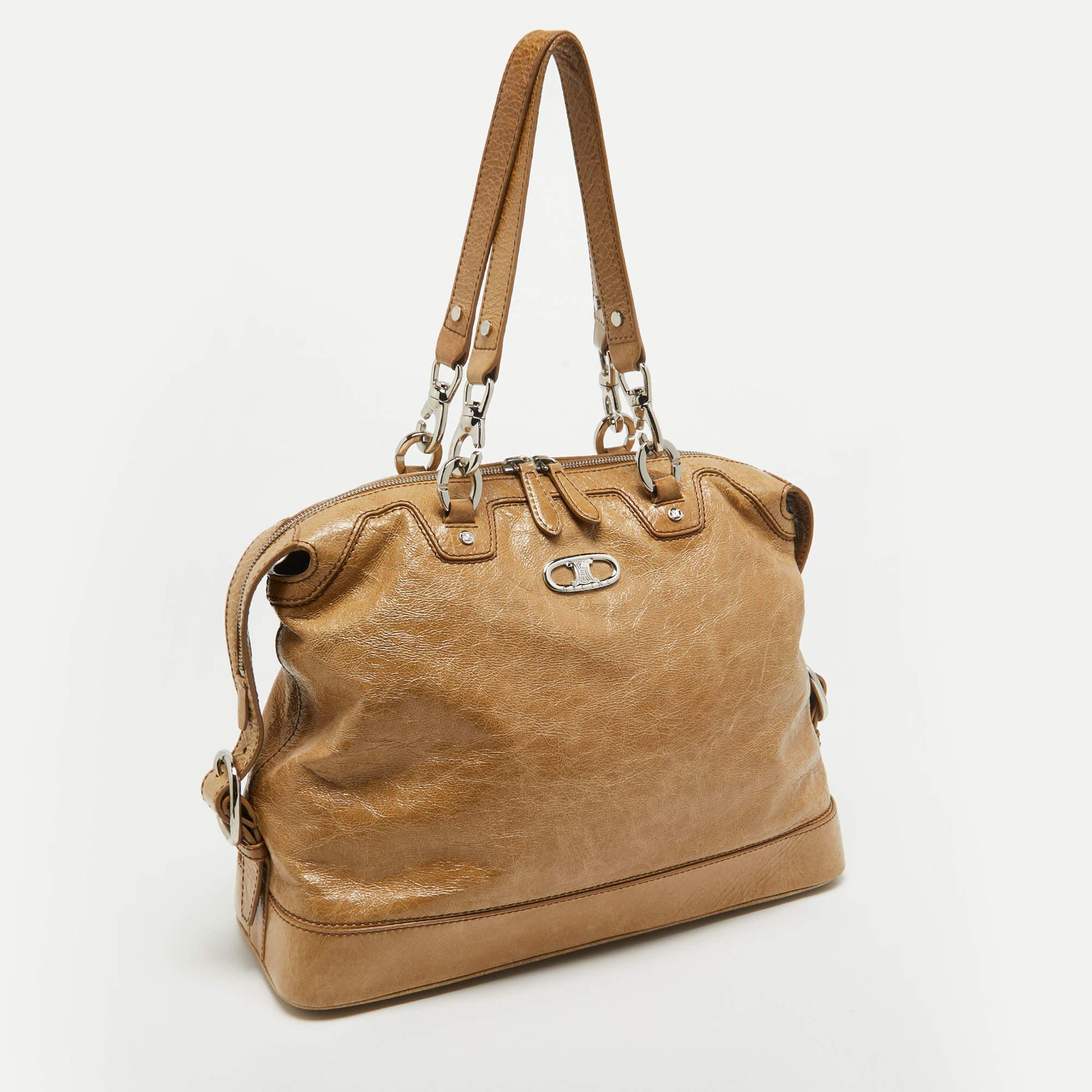 Celine Beige Crinkled Patent Leather Macadam Logo Bag In Fair Condition In Dubai, Al Qouz 2