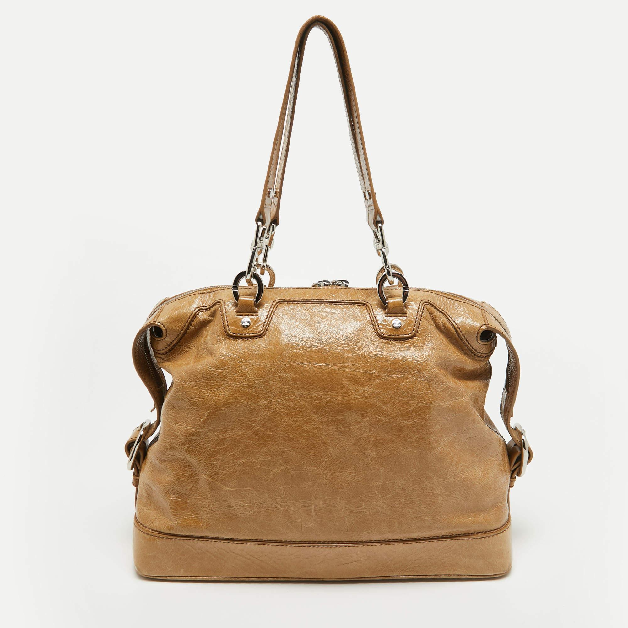 Women's Celine Beige Crinkled Patent Leather Macadam Logo Bag