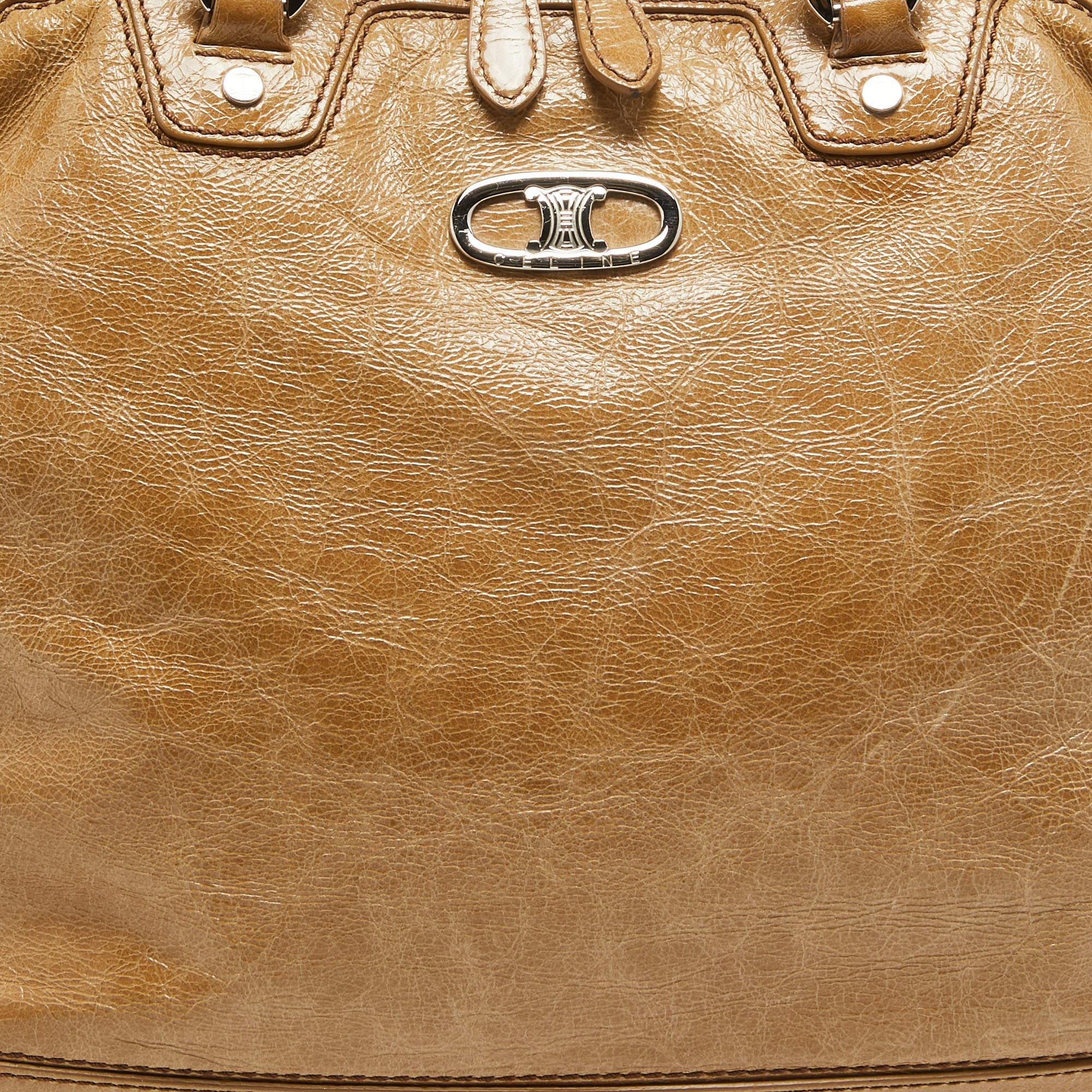 Celine Beige Crinkled Patent Leather Macadam Logo Bag 1