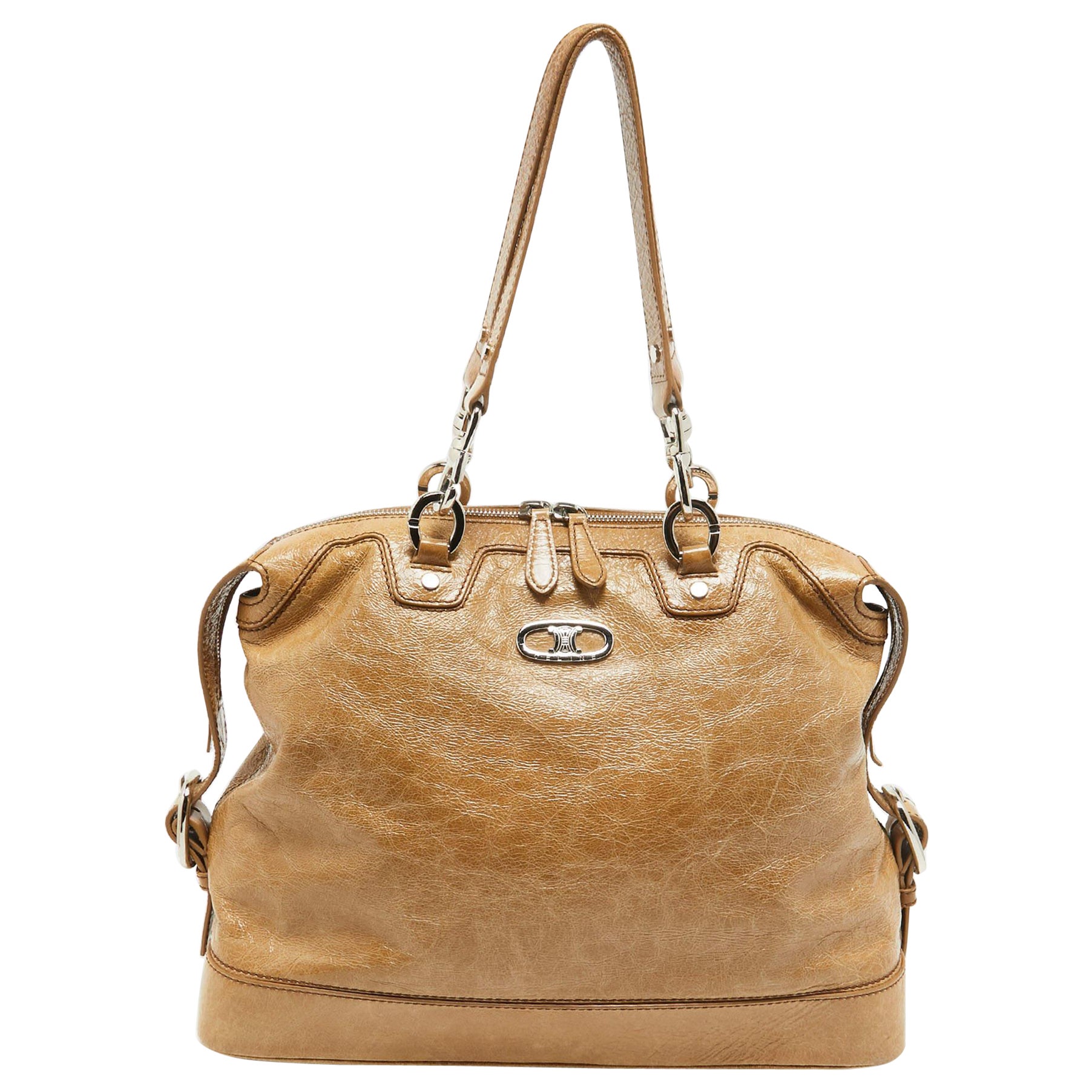 Celine Beige Crinkled Patent Leather Macadam Logo Bag