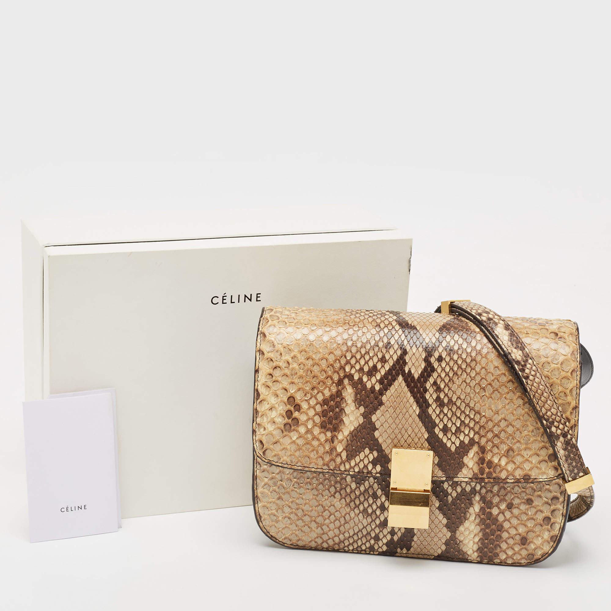 Celine Beige/Grey Python Medium Classic Box Shoulder Bag For Sale 12