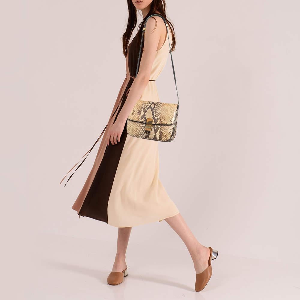 Celine Beige/Grey Python Medium Classic Box Shoulder Bag In Fair Condition For Sale In Dubai, Al Qouz 2