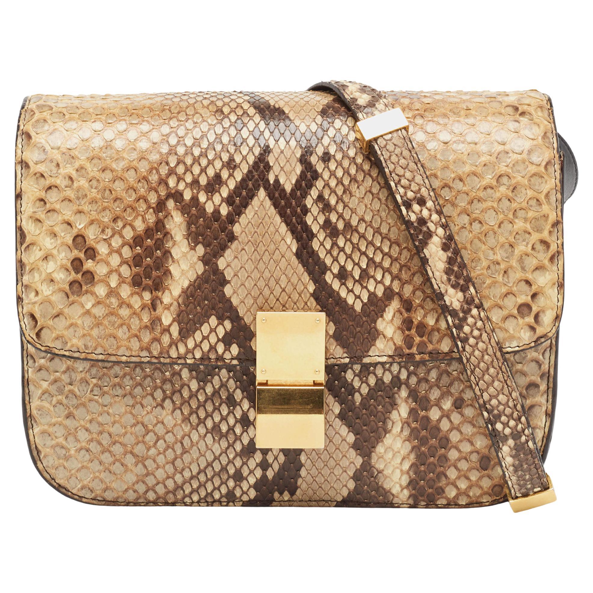 Celine Beige/Grey Python Medium Classic Box Shoulder Bag For Sale
