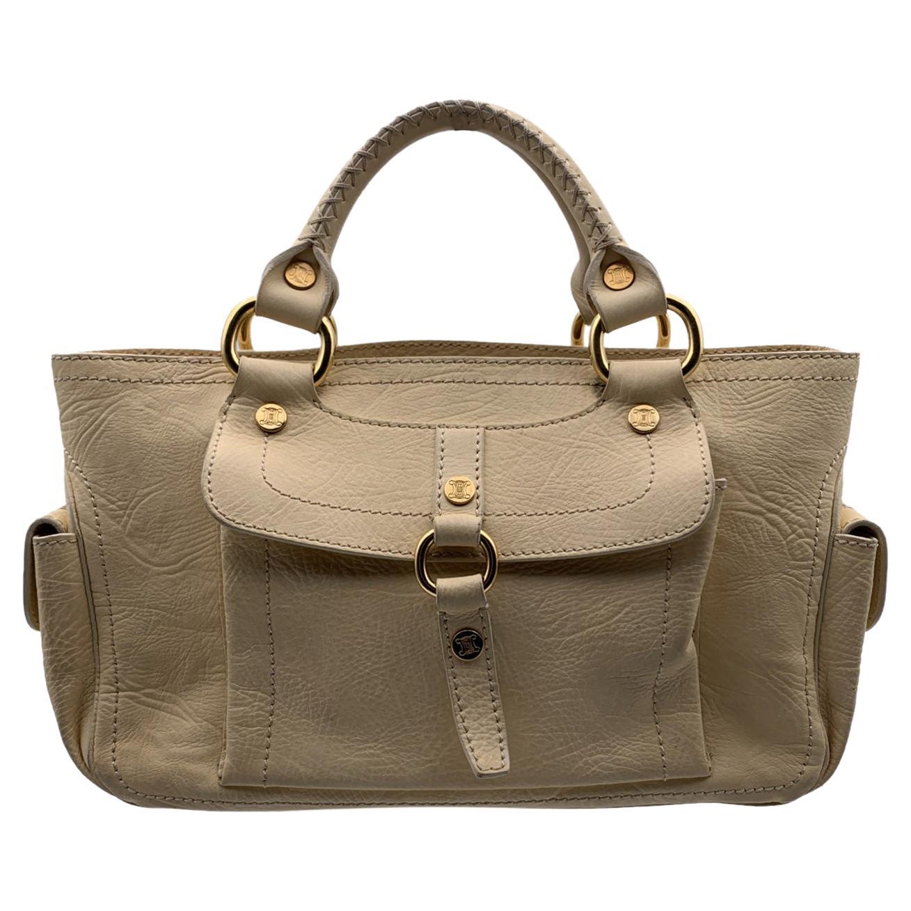 Celine Beige Leather Boogie Satchel Tote Bag Handbag Top Handles