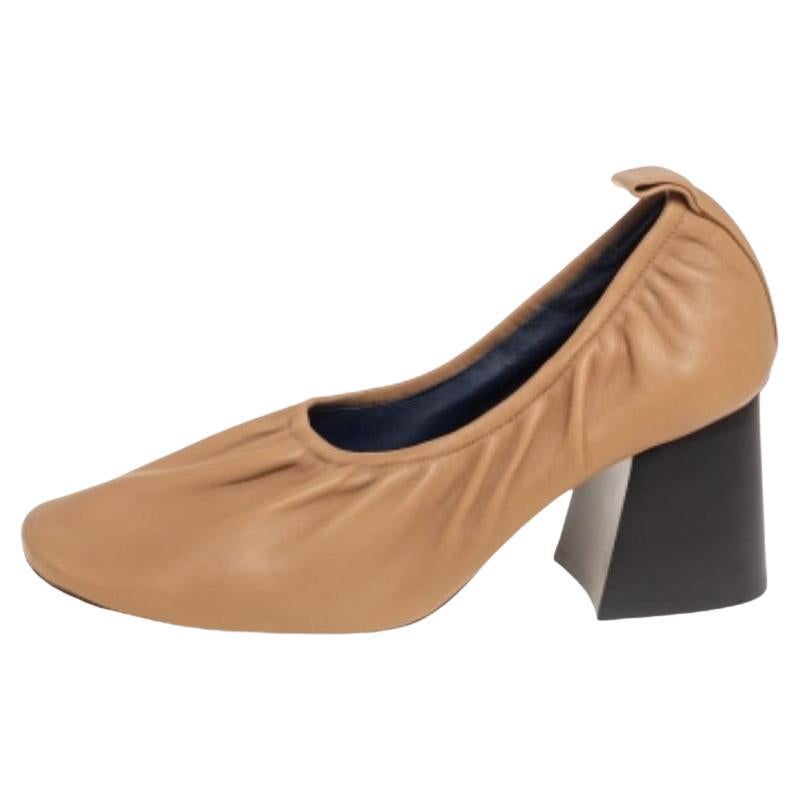 Celine Beige Leather Scrunch Ballerina Block Heel Pumps Size 39