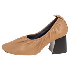 Celine Beige Leather Scrunch Ballerina Block Heel Pumps Size 39