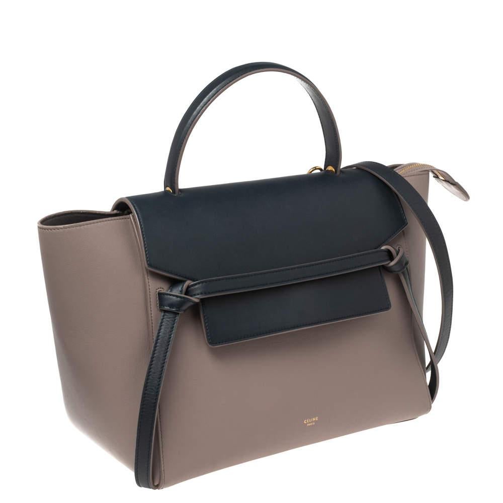 Beige/Navy Blaue Leder-Mini-Gürteltasche von Celine mit Griff oben 1