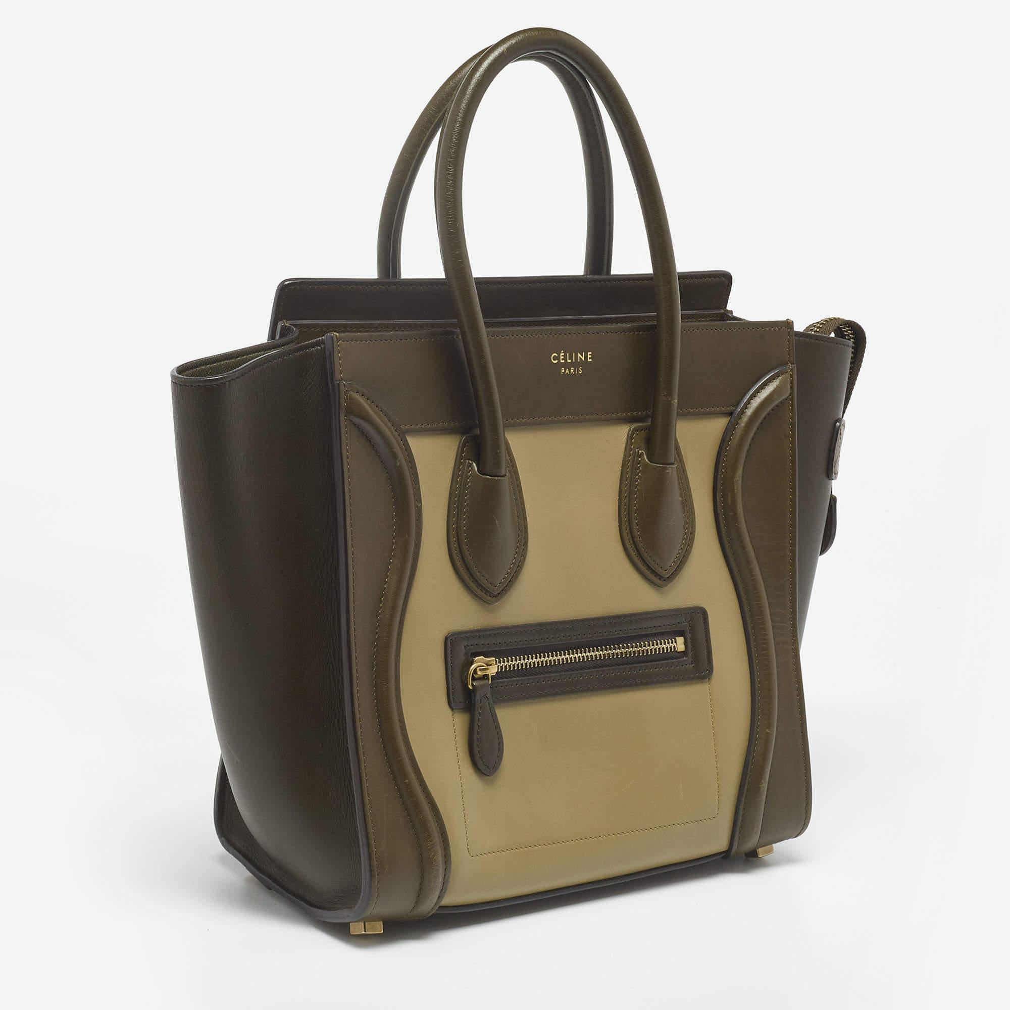 Women's Celine Beige/Olive Green Leather Micro Luggage Tote