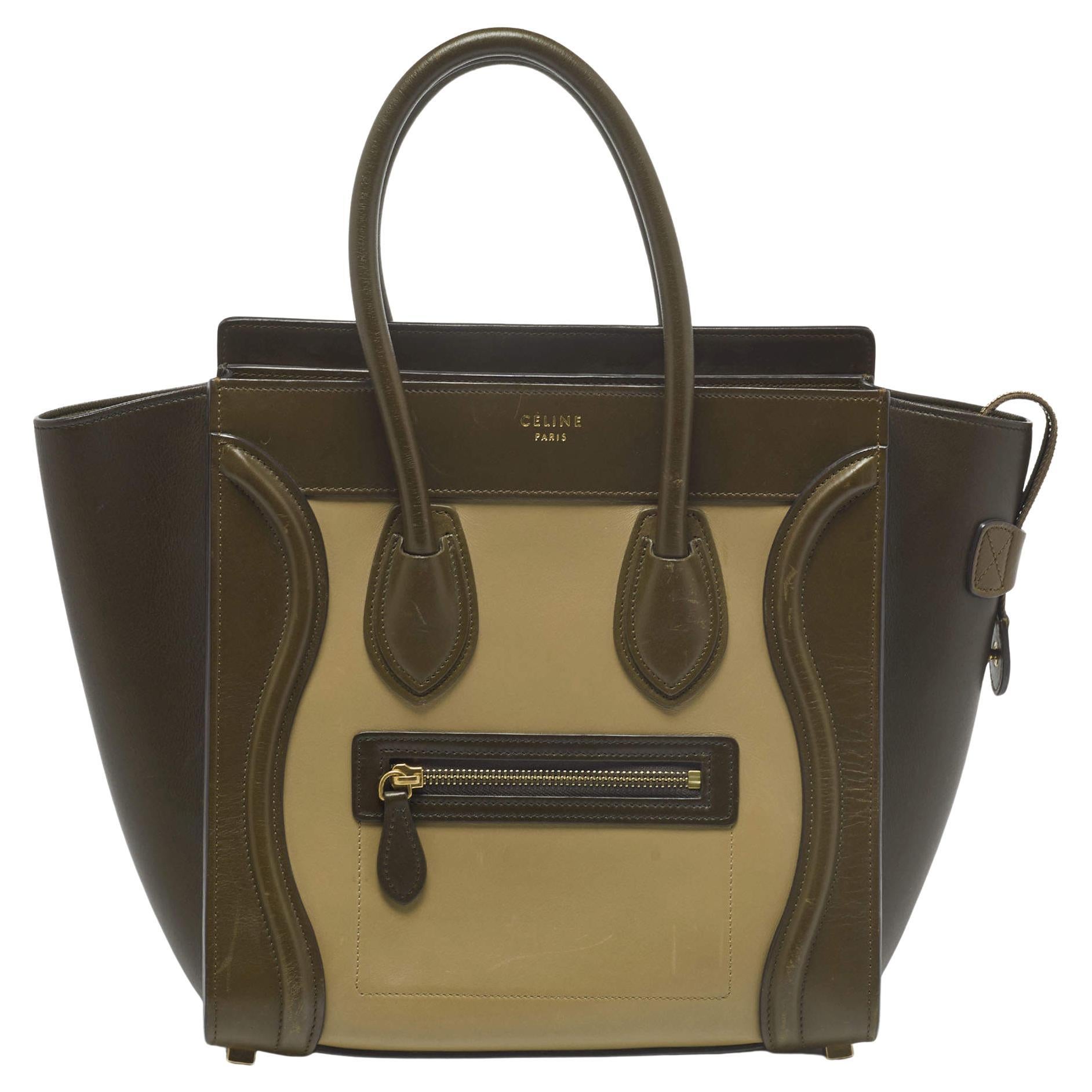 Celine Beige/Olive Green Leather Micro Luggage Tote
