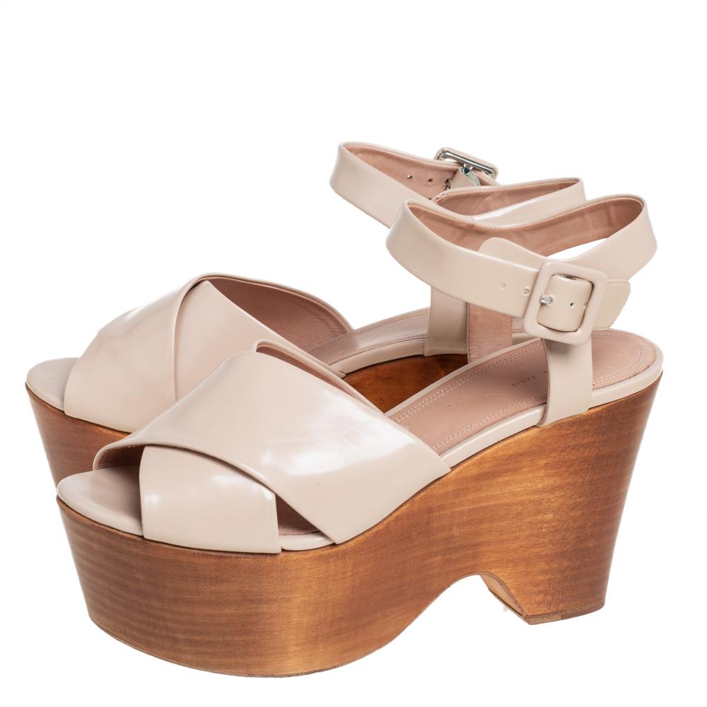 Celine Beige Patent Leather Platform Wedge Sandals Size 38.5 4