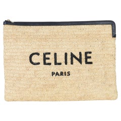 Celine Beige Raffia Sequin Logo Clutch