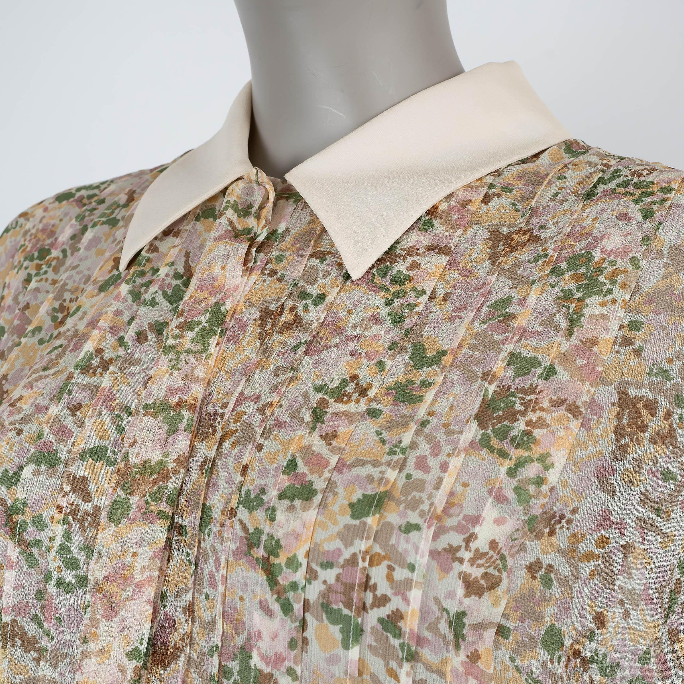 Donna Celine, camicetta di seta beige a maniche corte FLORAL SHEER 38 S in vendita