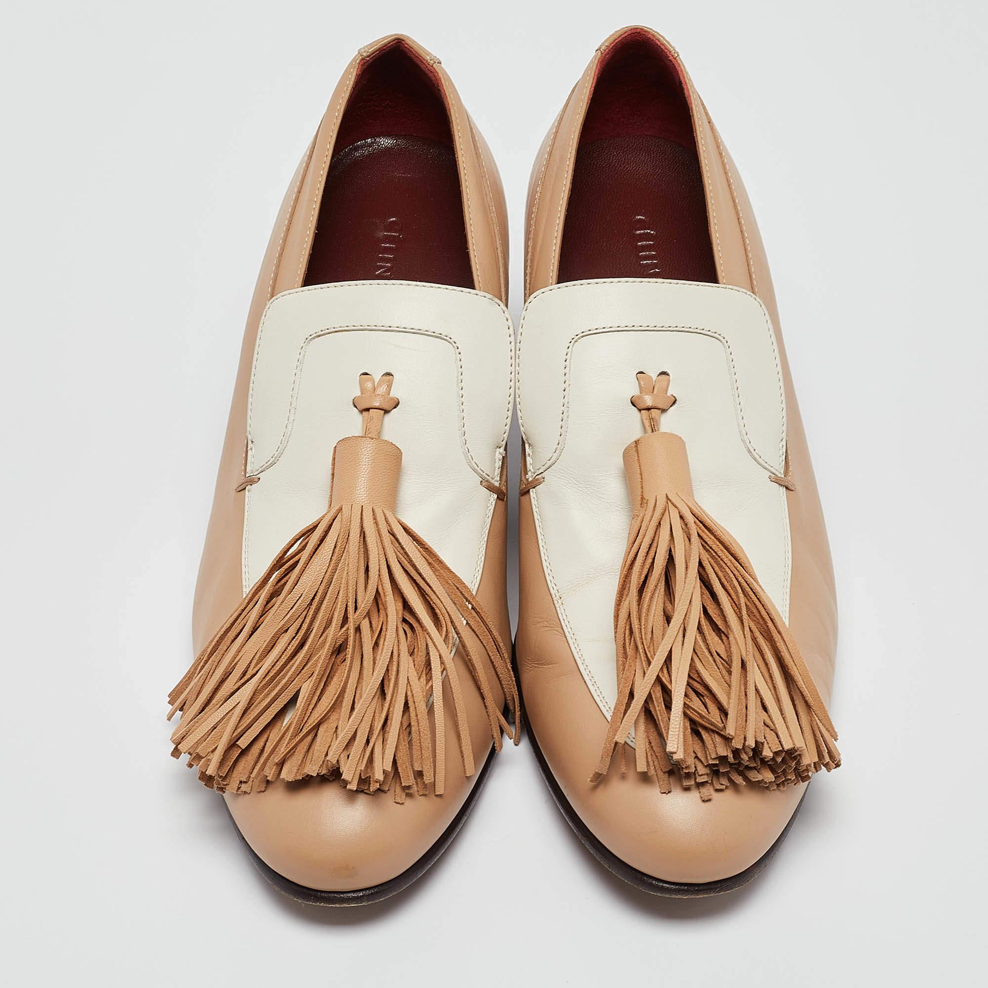 Brown Celine Beige/White Leather Tassel Accents Pumps Size 37
