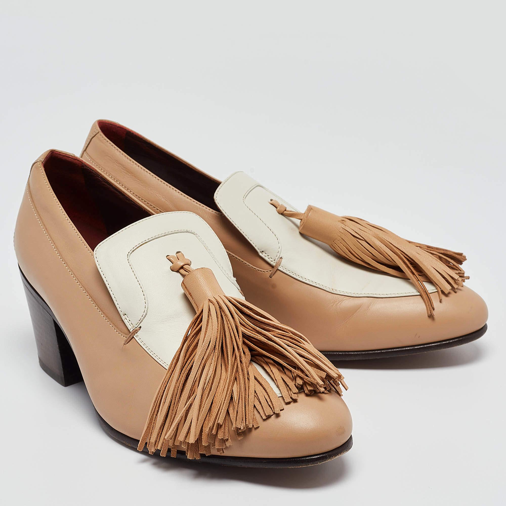 Celine Beige/White Leather Tassel Accents Pumps Size 37 In Good Condition In Dubai, Al Qouz 2