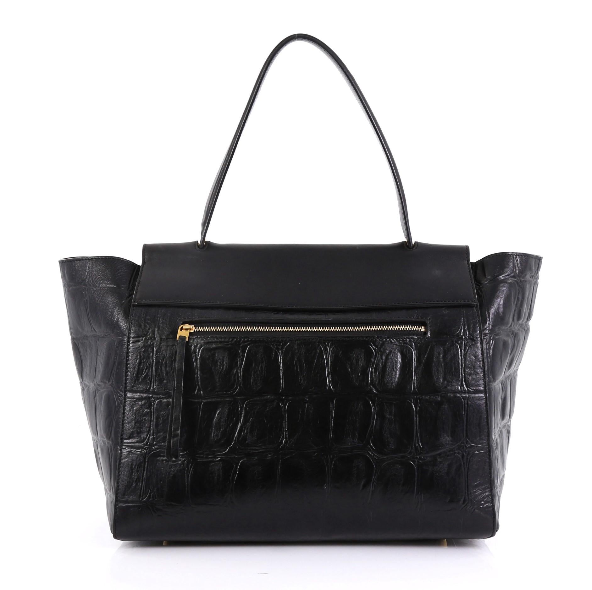 Black Celine Belt Bag Crocodile Embossed Leather Medium