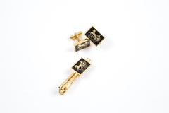 Celine Black and Gold Tone Horsebit Tie Clip And Cufflinks Set