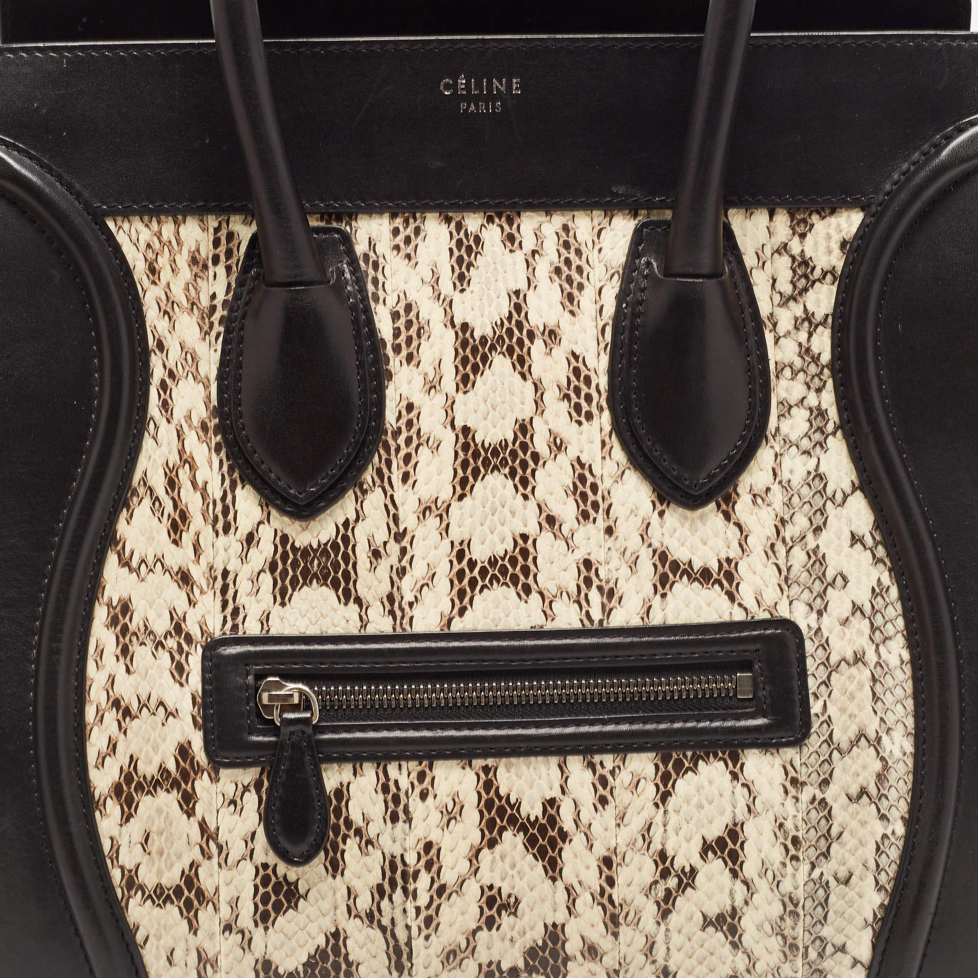Celine Black/Beige Karung Suede and Leather Mini Luggage Tote For Sale 7