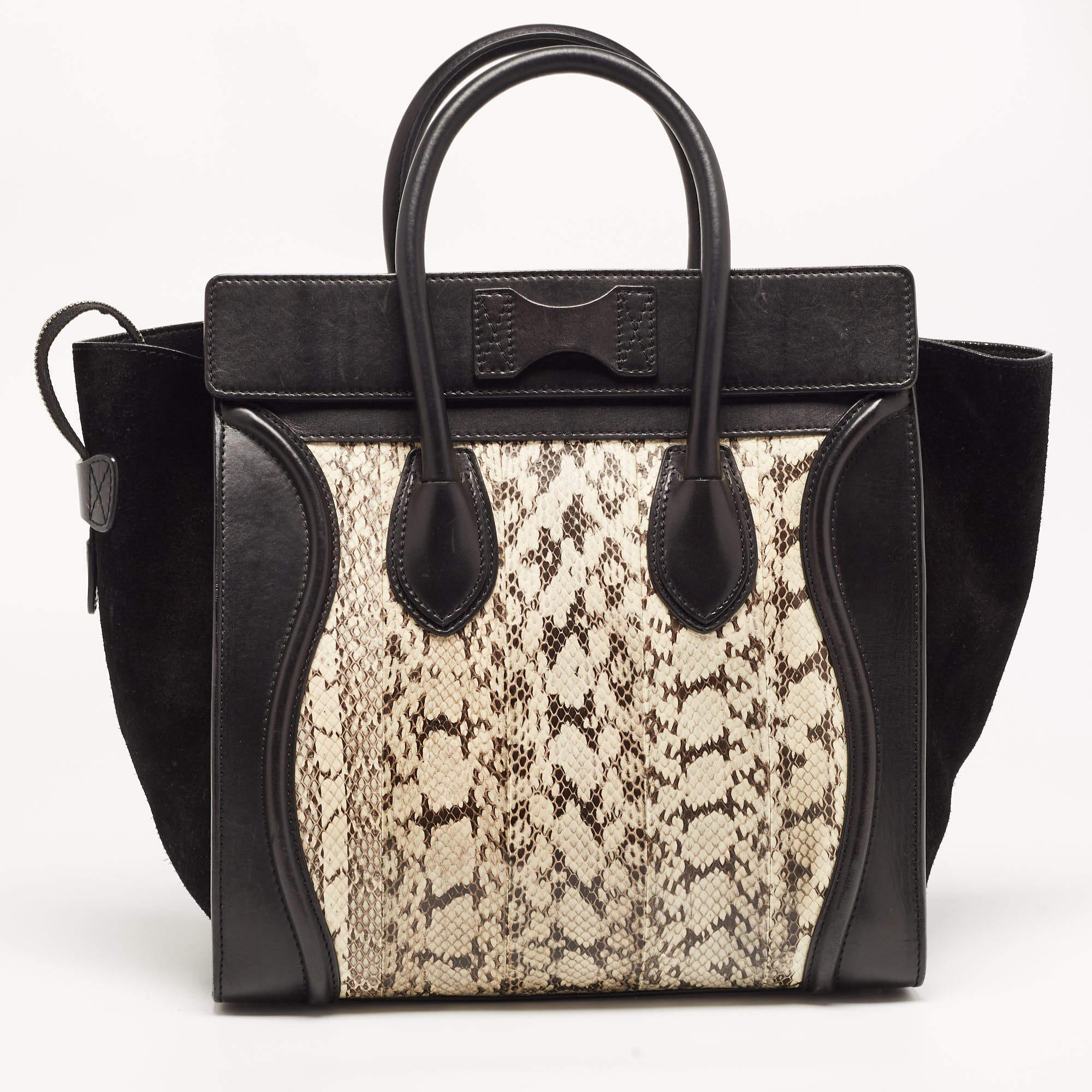 The usage of black & beige leather on the exterior gives this Celine tote a high appeal. An eye-catching accessory, the bag features a front zipper pocket, dual handles at the top, and grey-tone hardware. Its perfectly interior is equipped to store