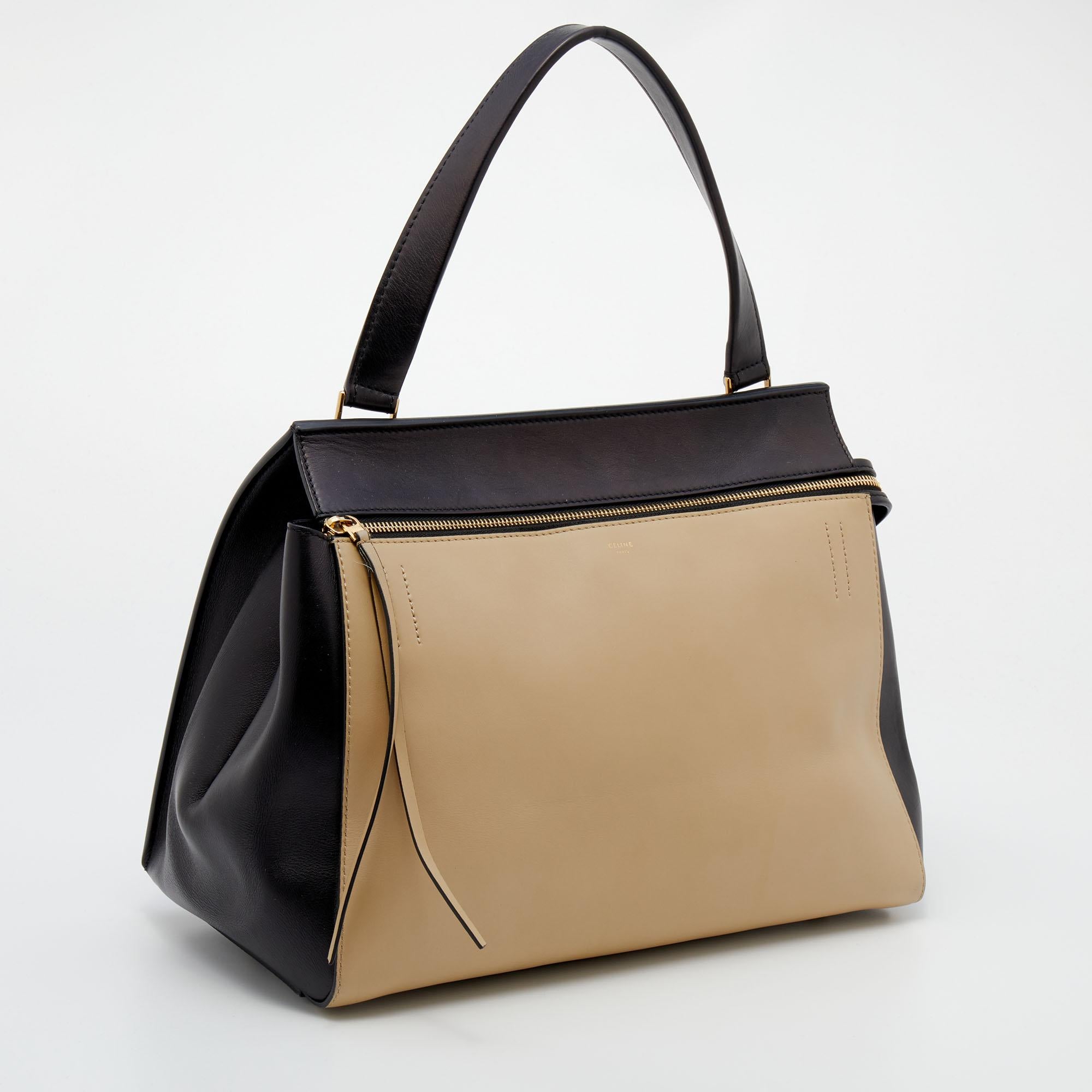 Celine Black/Beige Leather Medium Edge Top Handle Bag In Good Condition In Dubai, Al Qouz 2