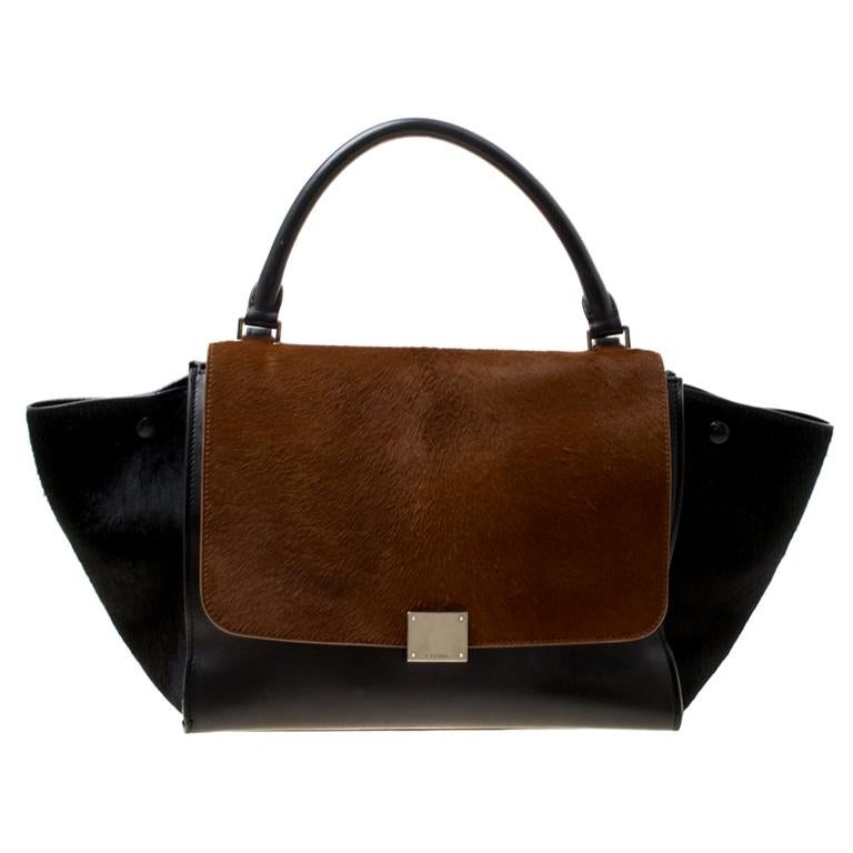 Celine Black/Brown Calf Hair and Leather Medium Trapeze Bag