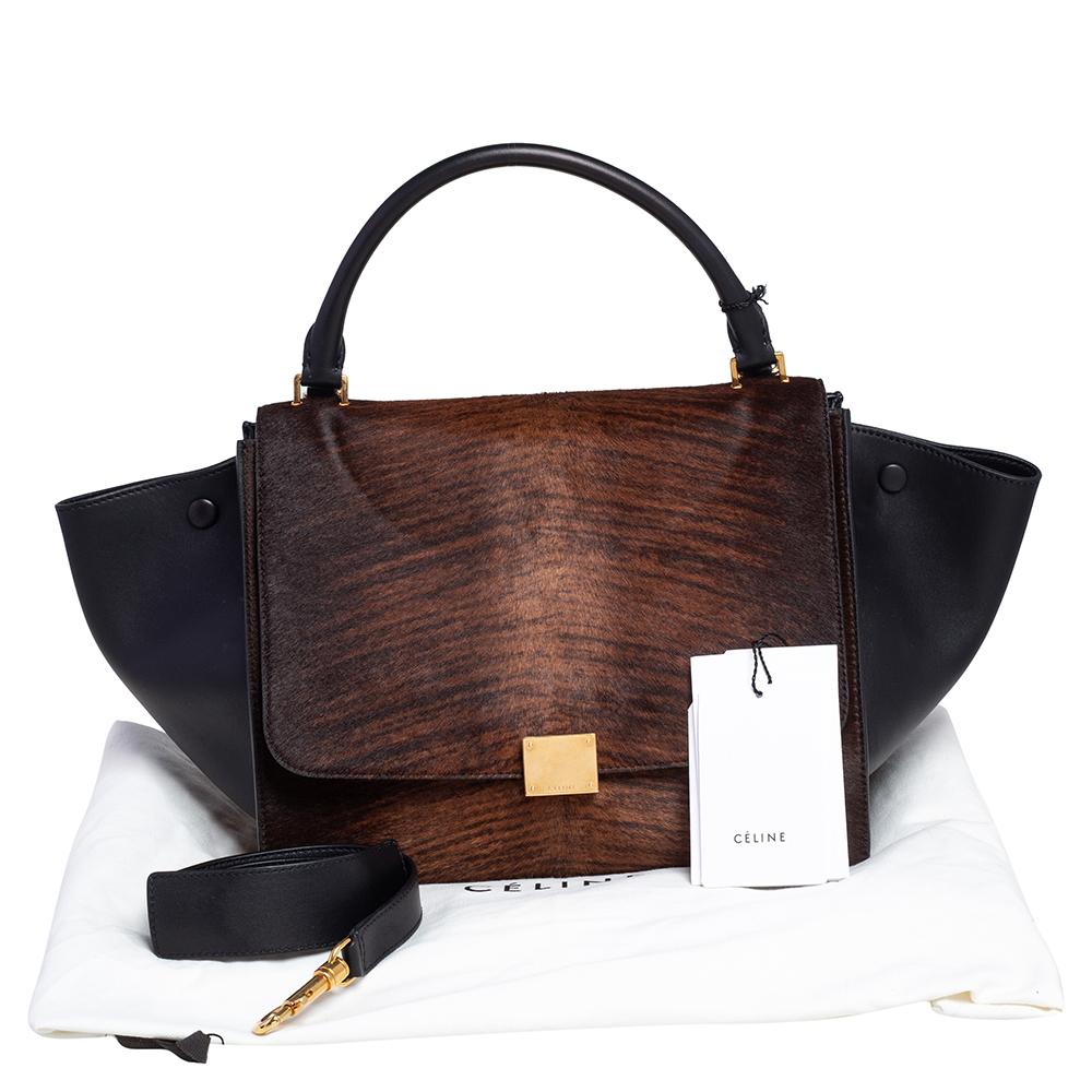 Bolso Trapecio Mediano de Asa Superior de Piel y Pelo de Becerro Marrón/Negro Celine 7