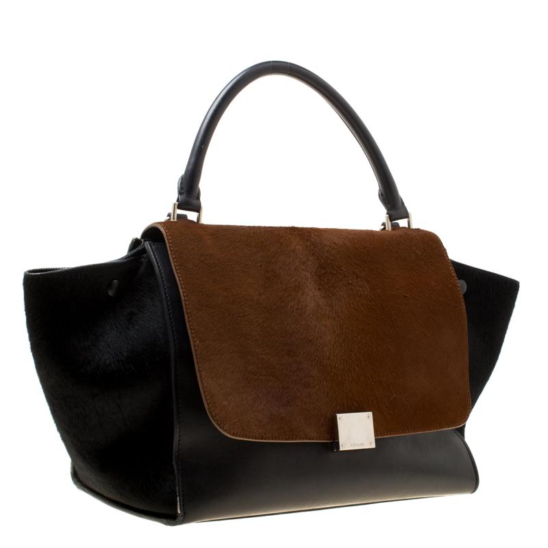 Women's Celine Black/Brown Calf Hair and Leather Medium Trapeze Top Handle Bag