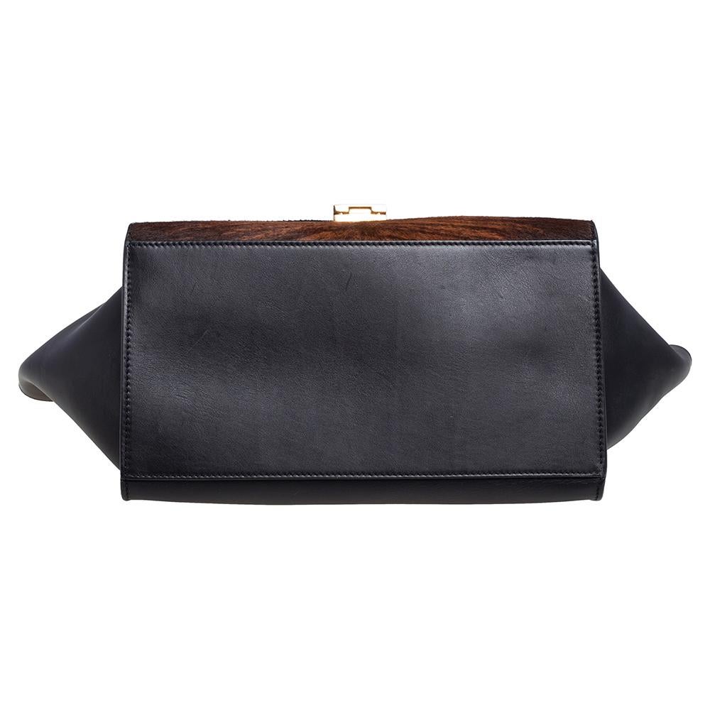 Bolso Trapecio Mediano de Asa Superior de Piel y Pelo de Becerro Marrón/Negro Celine 3
