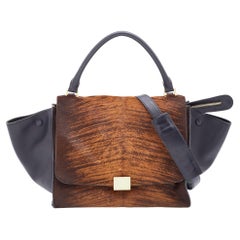 Celine Black/Brown Leather and Calf Hair Medium Trapeze Top Handle Bag