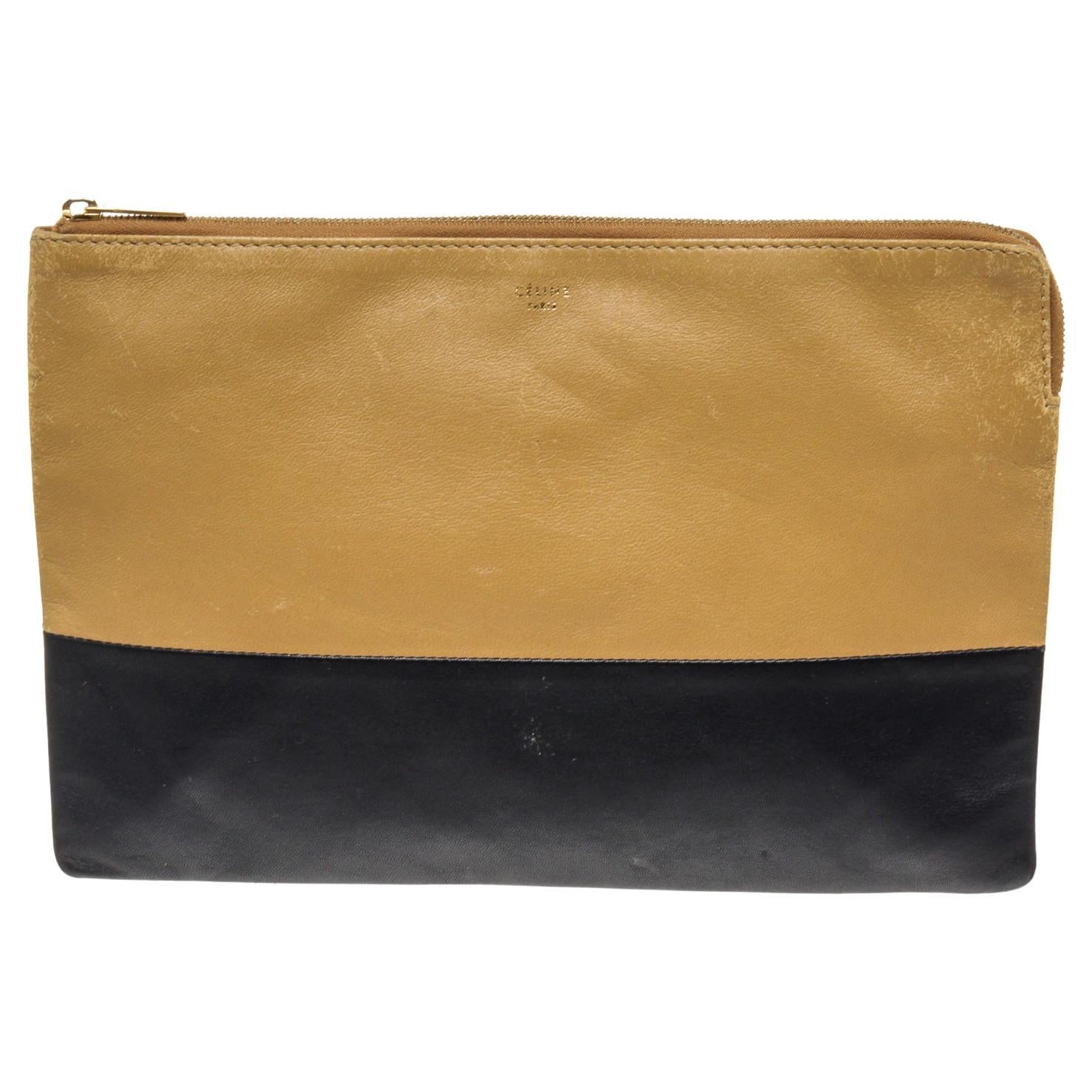 Celine Black Brown Leather Clutch Wallet with leather, gold-tone hardware For Sale