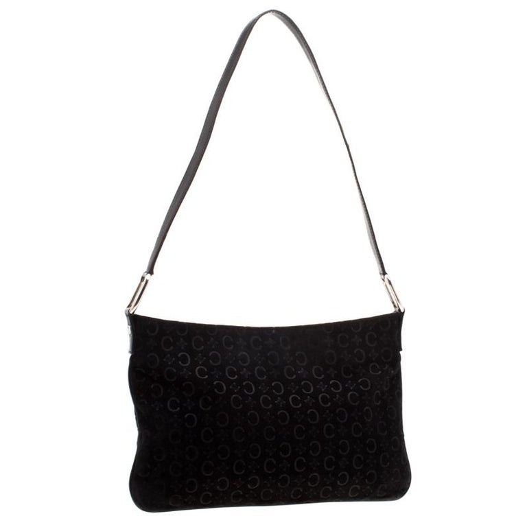 Celine Original Vintage 90's Black Suede Leather C Logo Shoulder Bag