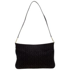 Celine Black C Logo Embossed Suede and Leather Shoulder Bag