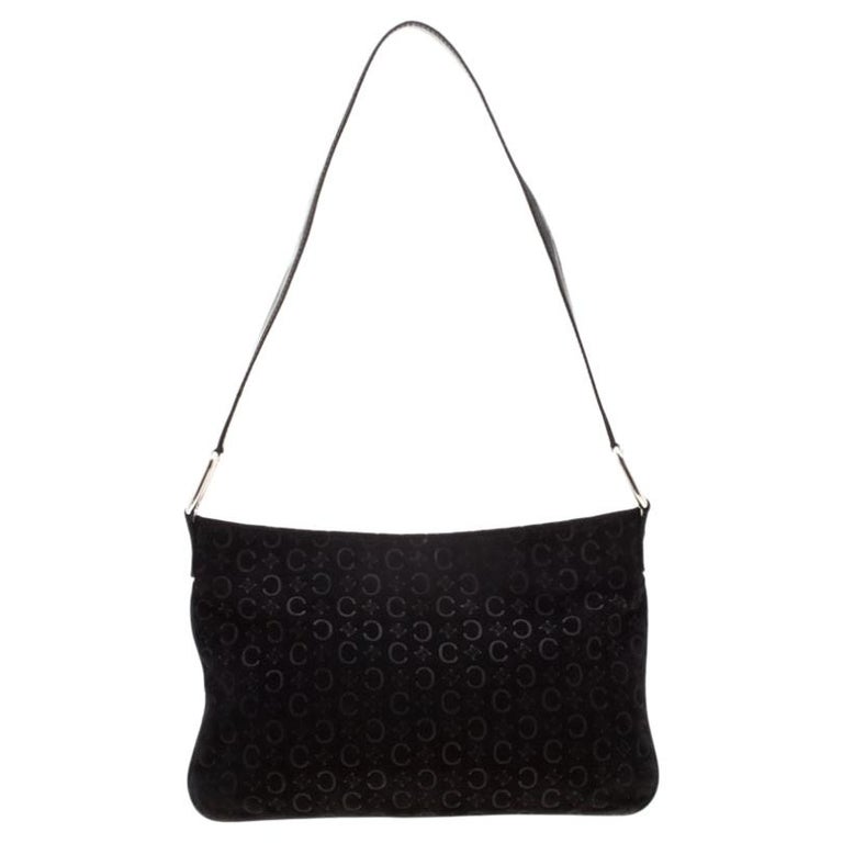 Celine Black C Logo Embossed Suede and Leather Shoulder Bag For Sale at ...