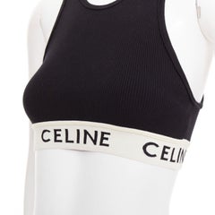 CELINE Schwarzes Baumwollmischung Cremefarbenes geripptes Logo-Rundhals-BH-Top  Lisa Blackpink