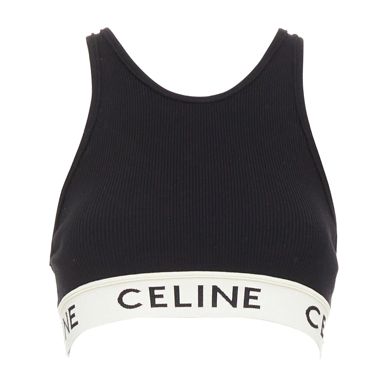 CELINE black cotton blend cream ribbed logo round neck bra top Lisa Blackpink