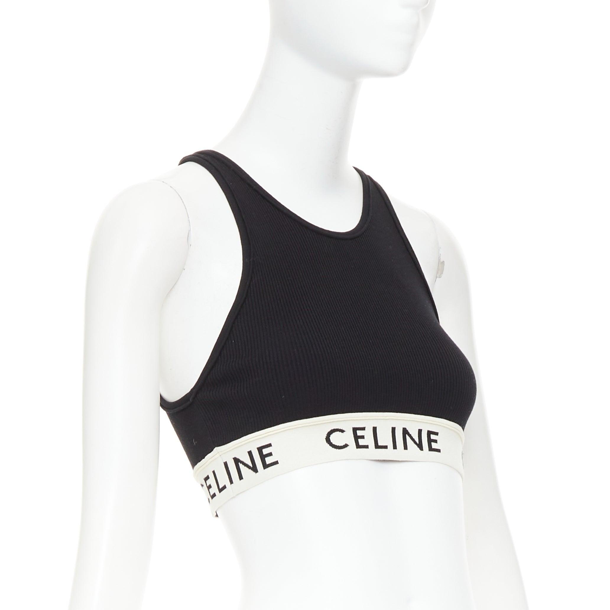 CELINE black cotton blend cream ribbed logo round neck bra top S Lisa Blackpink Negro en venta