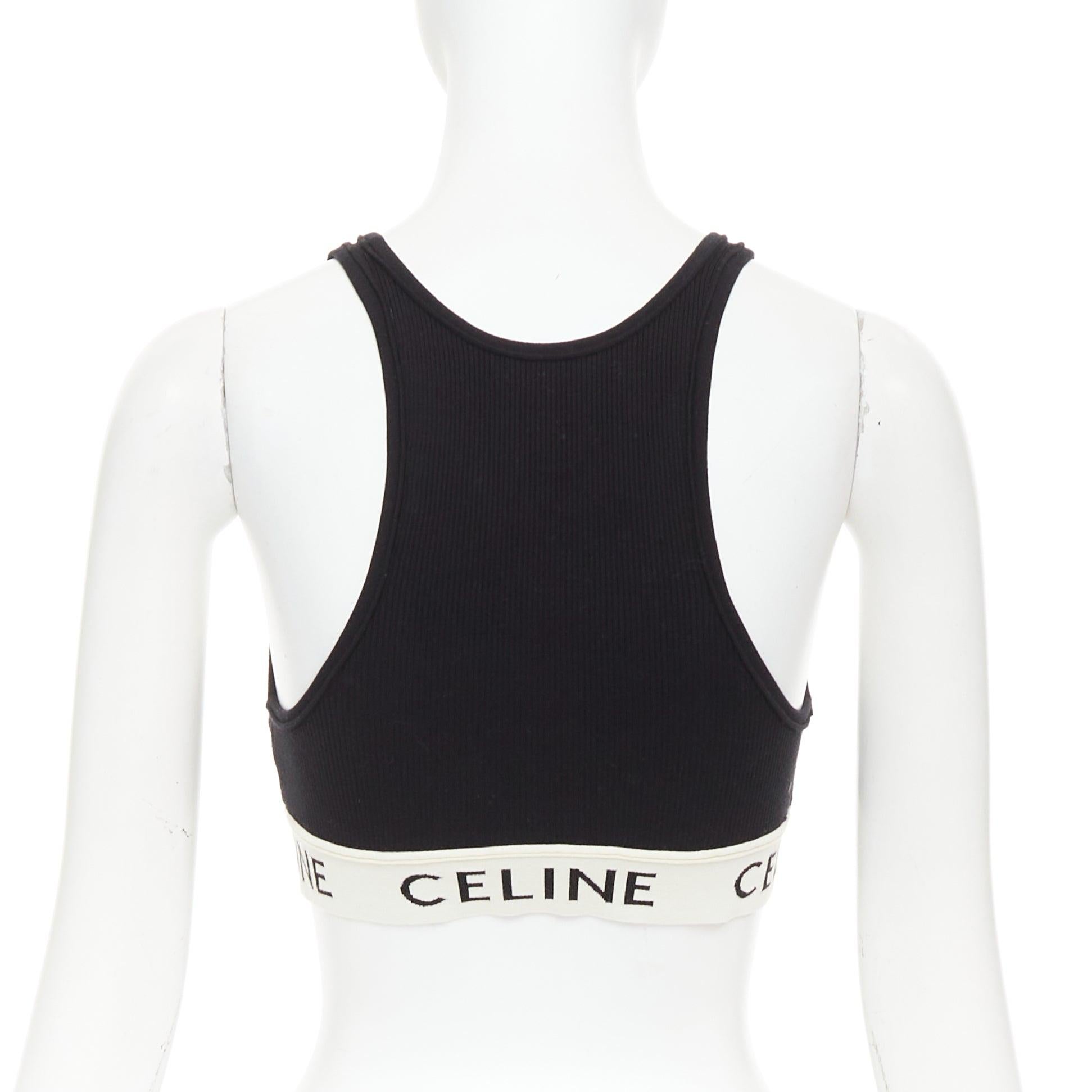 De las mujeres CELINE black cotton blend cream ribbed logo round neck bra top S Lisa Blackpink en venta