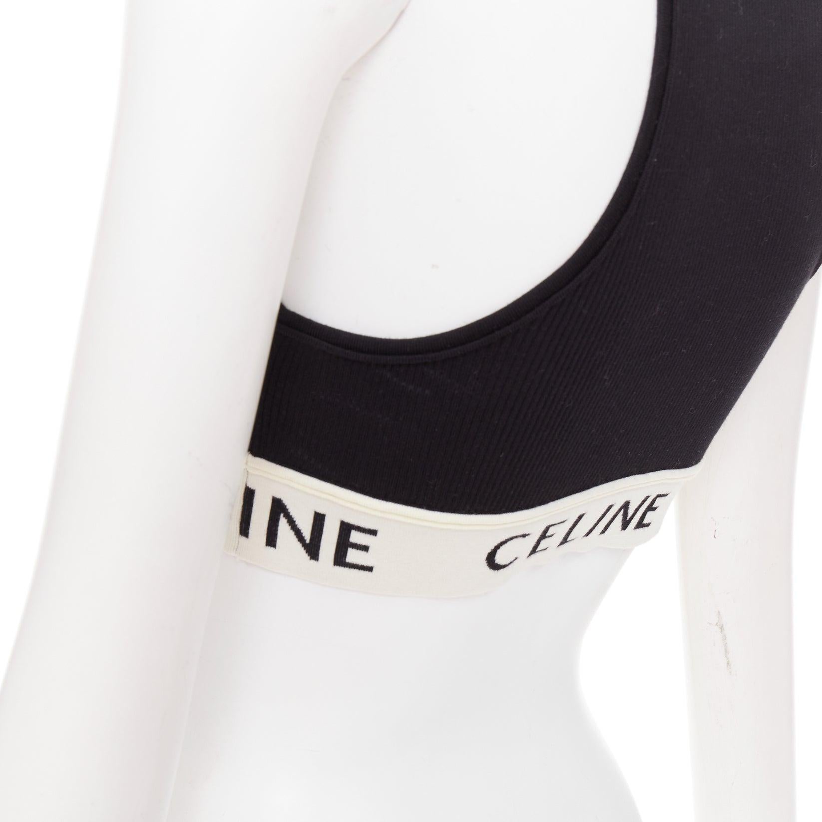 CELINE black cotton blend cream ribbed logo round neck bra top S Lisa Blackpink en venta 2