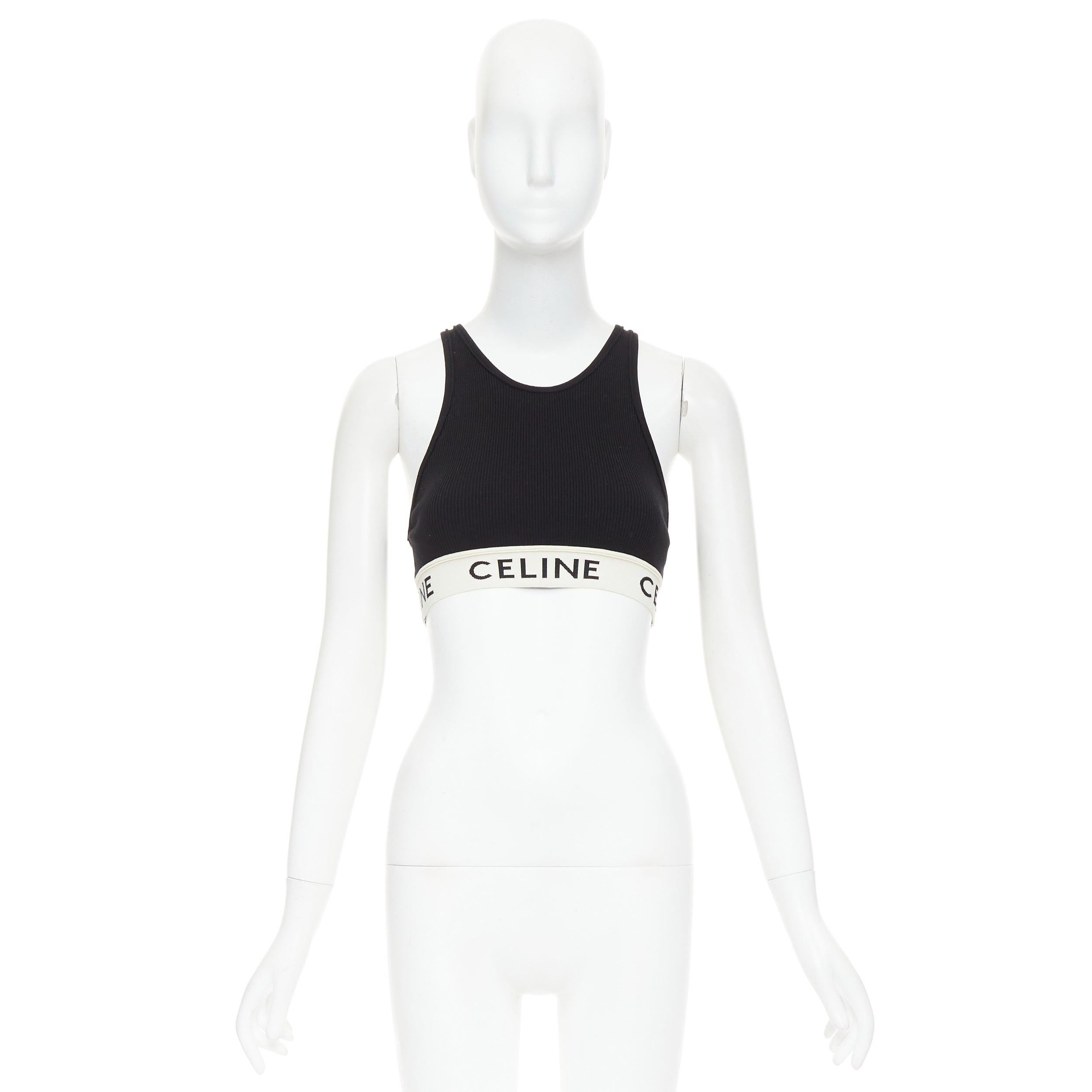 CELINE black cotton blend cream ribbed logo round neck bra top S Lisa Blackpink en venta 4
