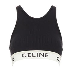 CELINE black cotton blend cream ribbed logo round neck bra top S Lisa Blackpink