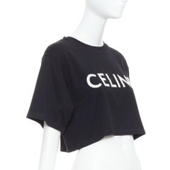CELINE black cotton white big logo crop casual crew neck tshirt S