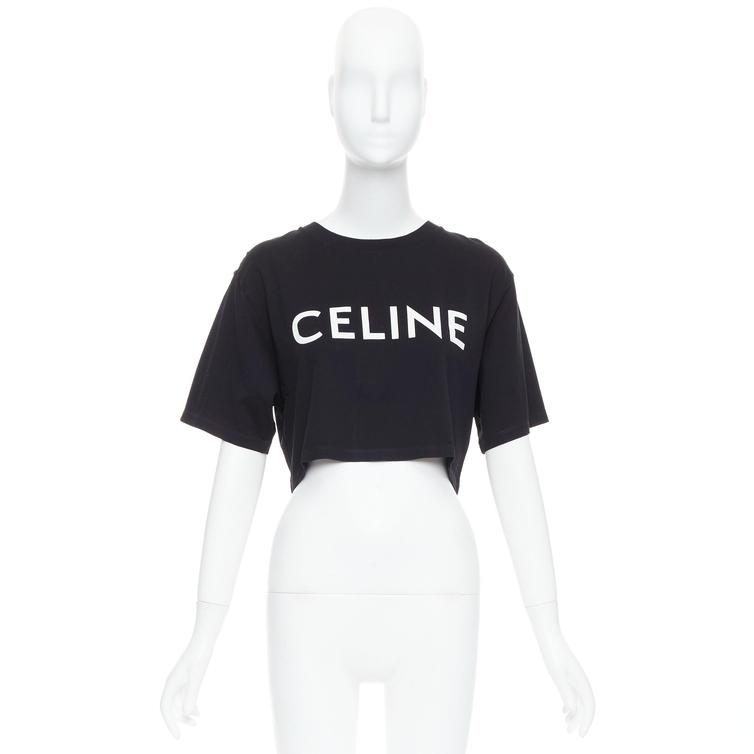 Celine black cotton white big logo crop casual crew neck tshirt S en vente 4