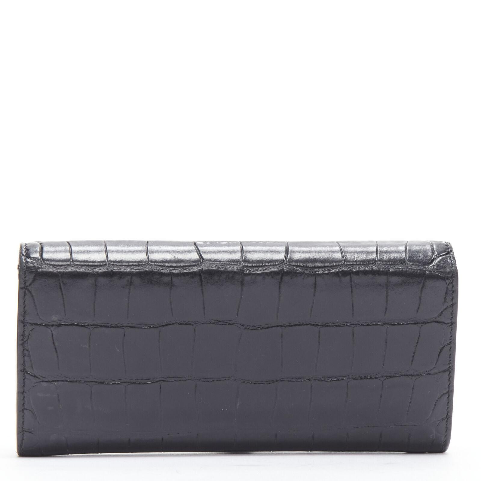 CELINE black croc embossed calfskin flap front long wallet In Good Condition For Sale In Hong Kong, NT