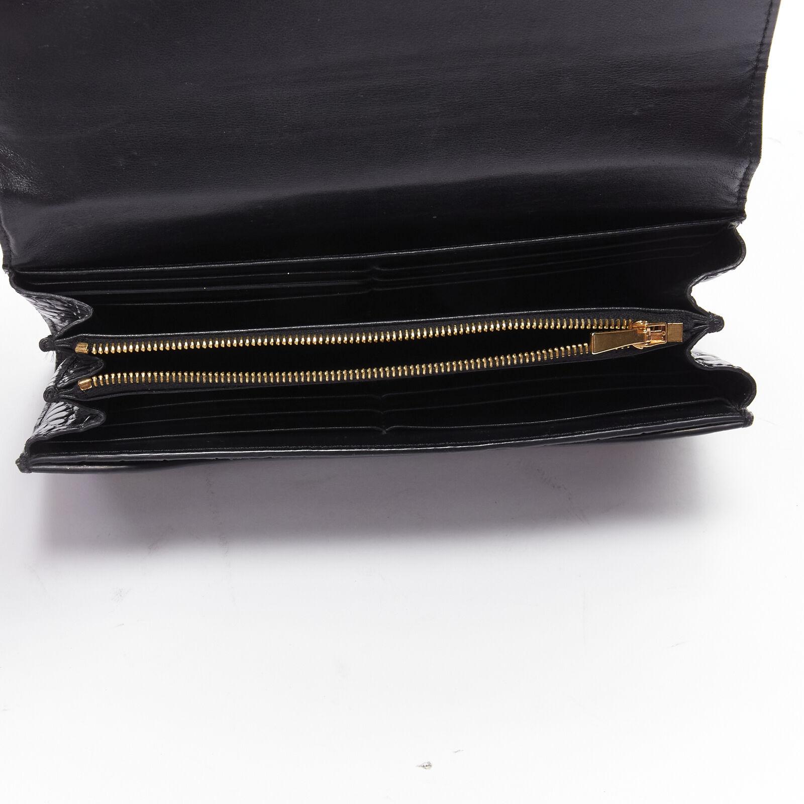 CELINE black croc embossed calfskin flap front long wallet For Sale 1