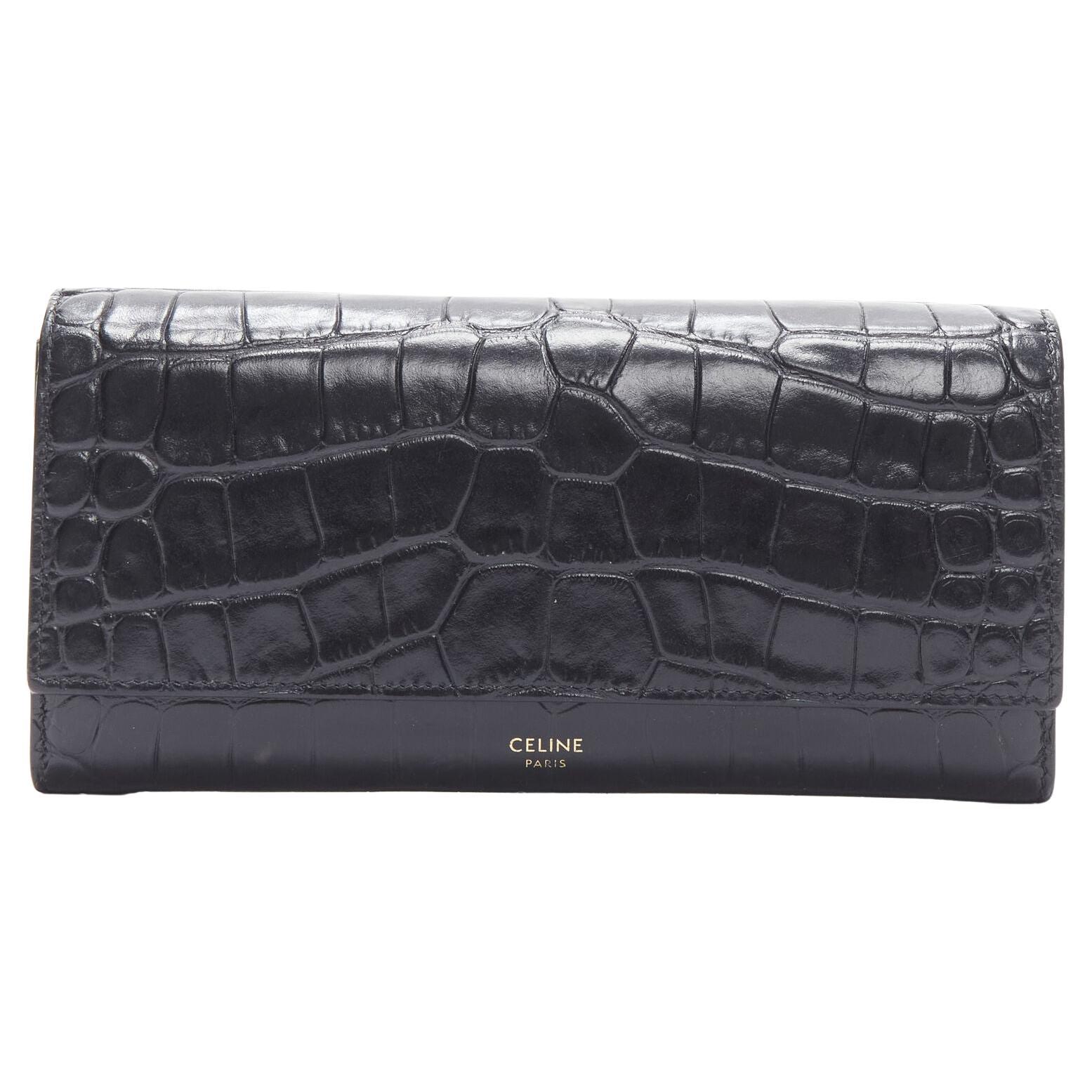 CELINE black croc embossed calfskin flap front long wallet For Sale
