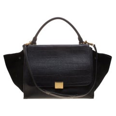 Celine Black Croc Embossed Leather and Suede Medium Trapeze Bag